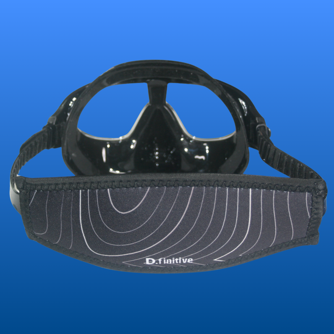 D.finitive Underwater Sports Mask - picture from behind, showing the black neoprene strap with "D.finitive" written across it, and the mask at the back.Used for Underwater Hockey, Underwater Rugby and other underwater sports.